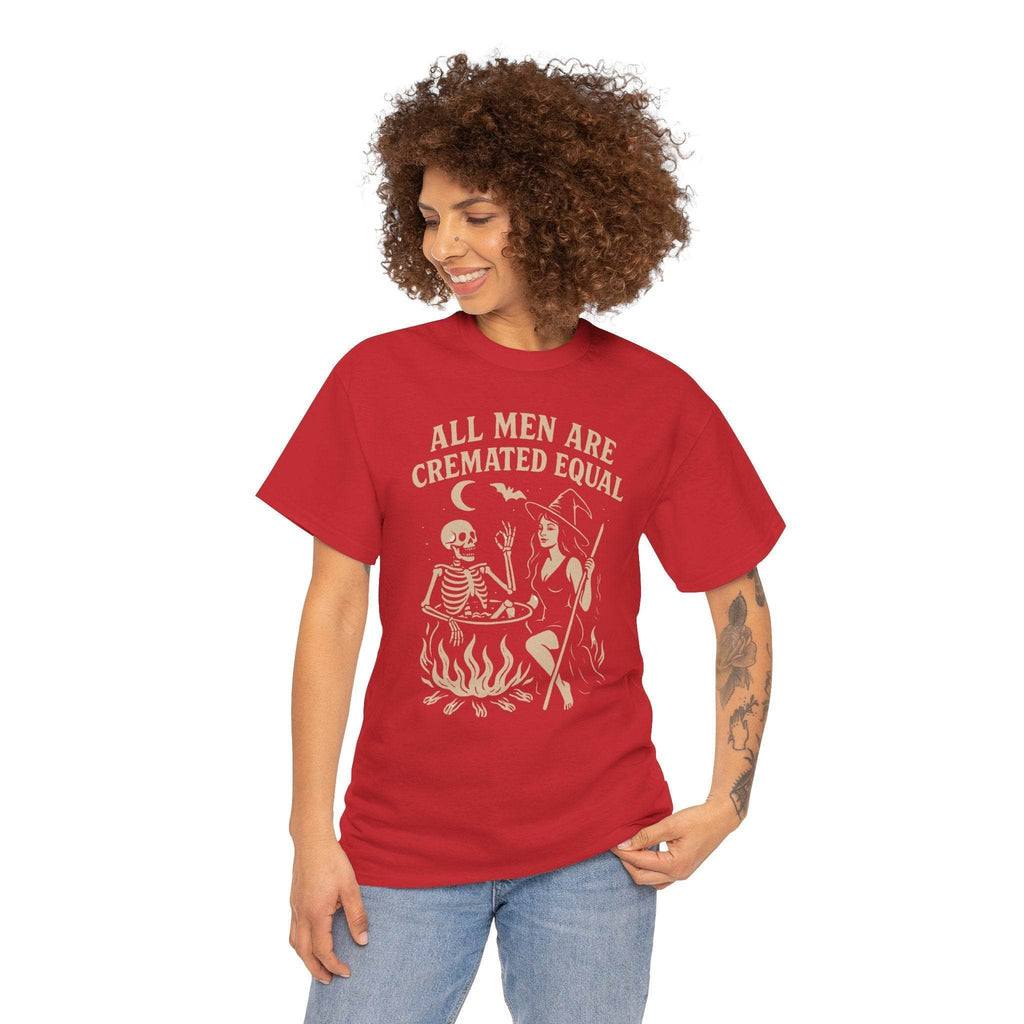 Red t-shirt on a model with vintage skeleton and witch stirring a cauldron, All Men Are Cremated Equal text.