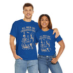 Two people wearing blue All Men Are Cremated Equal witch cauldron Halloween tees on Gildan 5000.