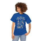 Blue tee on a model featuring vintage cauldron scene with witch and skeleton, bold All Men Are Cremated Equal text.