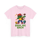 Green gamer kid doing the dab on a pink tee with backpack and school icons, BRUH, WE BACK.