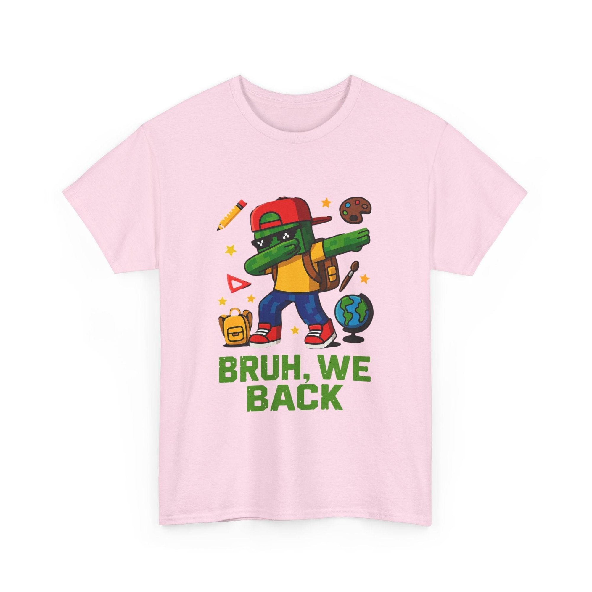 Green gamer kid doing the dab on a pink tee with backpack and school icons, BRUH, WE BACK.