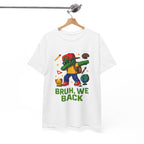 White tee featuring a green gamer kid dabbing with backpack, globe, school icons, and BRUH, WE BACK text.