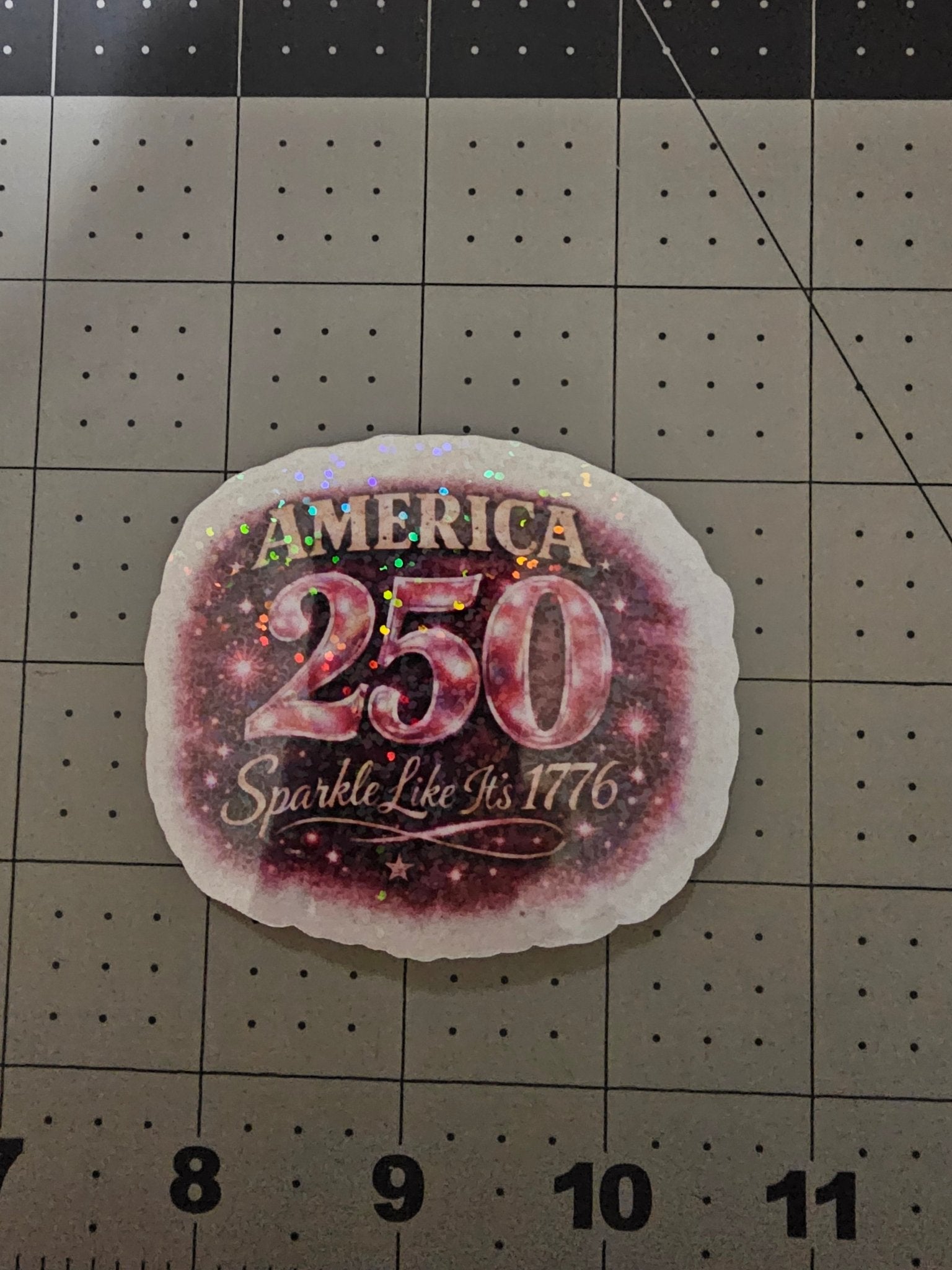 America 250 pink holographic round 3-inch sticker with glittery 250 logo and Sparkle Like It's 1776 text