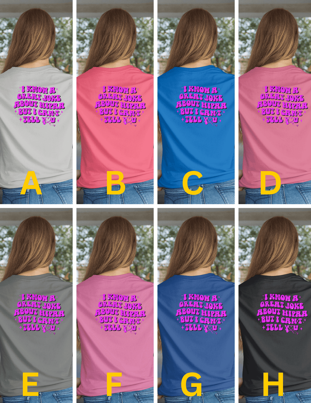 Back-view collage of Hipaa Joke T-shirts in gray, pink, blue, and black with bold pink HIPAA humor text.