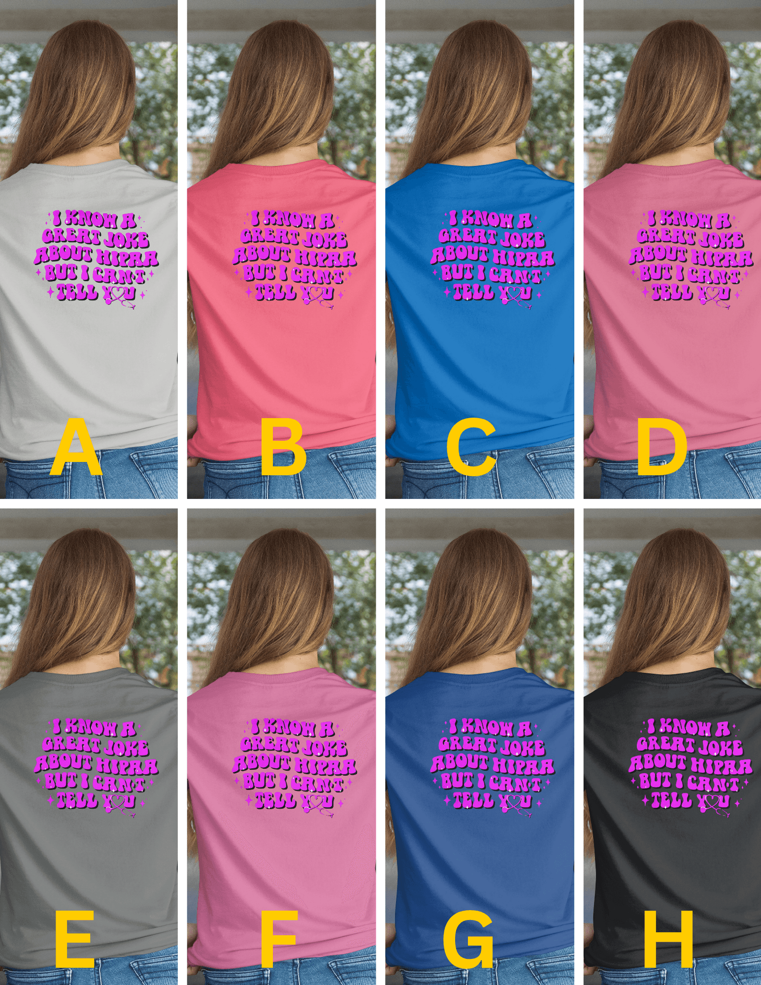 Back-view collage of Hipaa Joke T-shirts in gray, pink, blue, and black with bold pink HIPAA humor text.