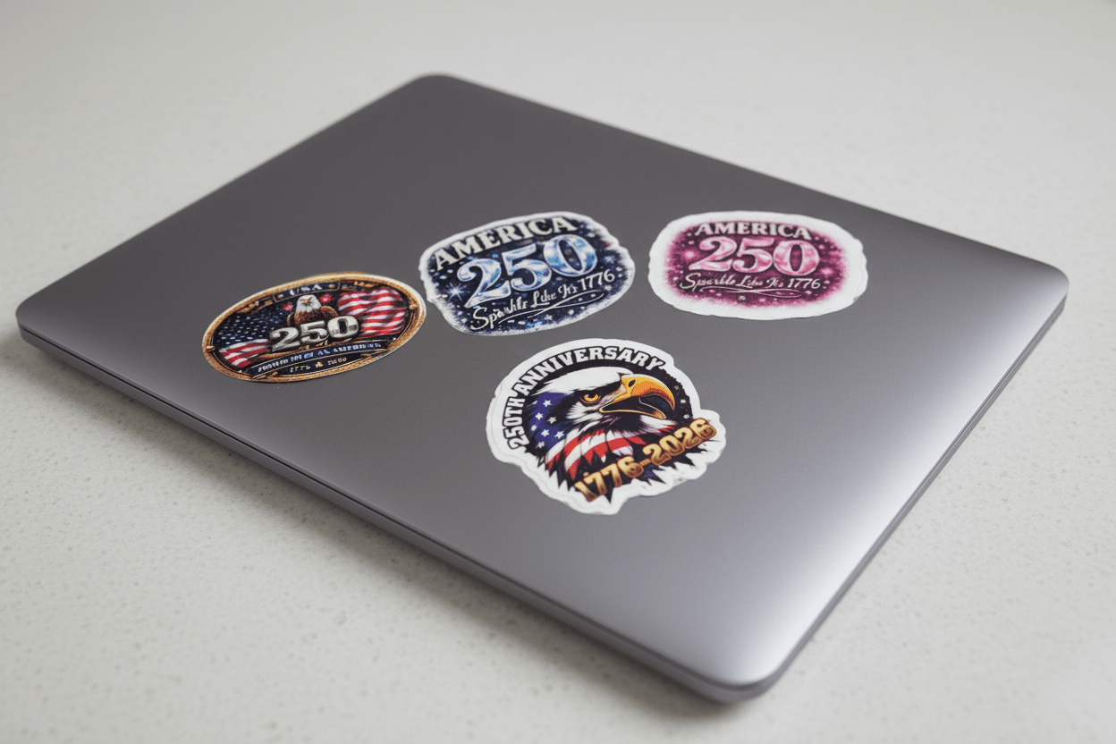 Patriotic stickers plaved on a laptop cover with a white background 
