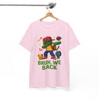 Pink T-shirt with a green gamer kid doing a dab, backpack, globe and school icons, and BRUH, WE BACK text