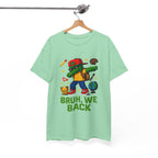Gamer kid dabbing on a mint green tee with backpack, globe, pencil, and school icons; BRUH, WE BACK.