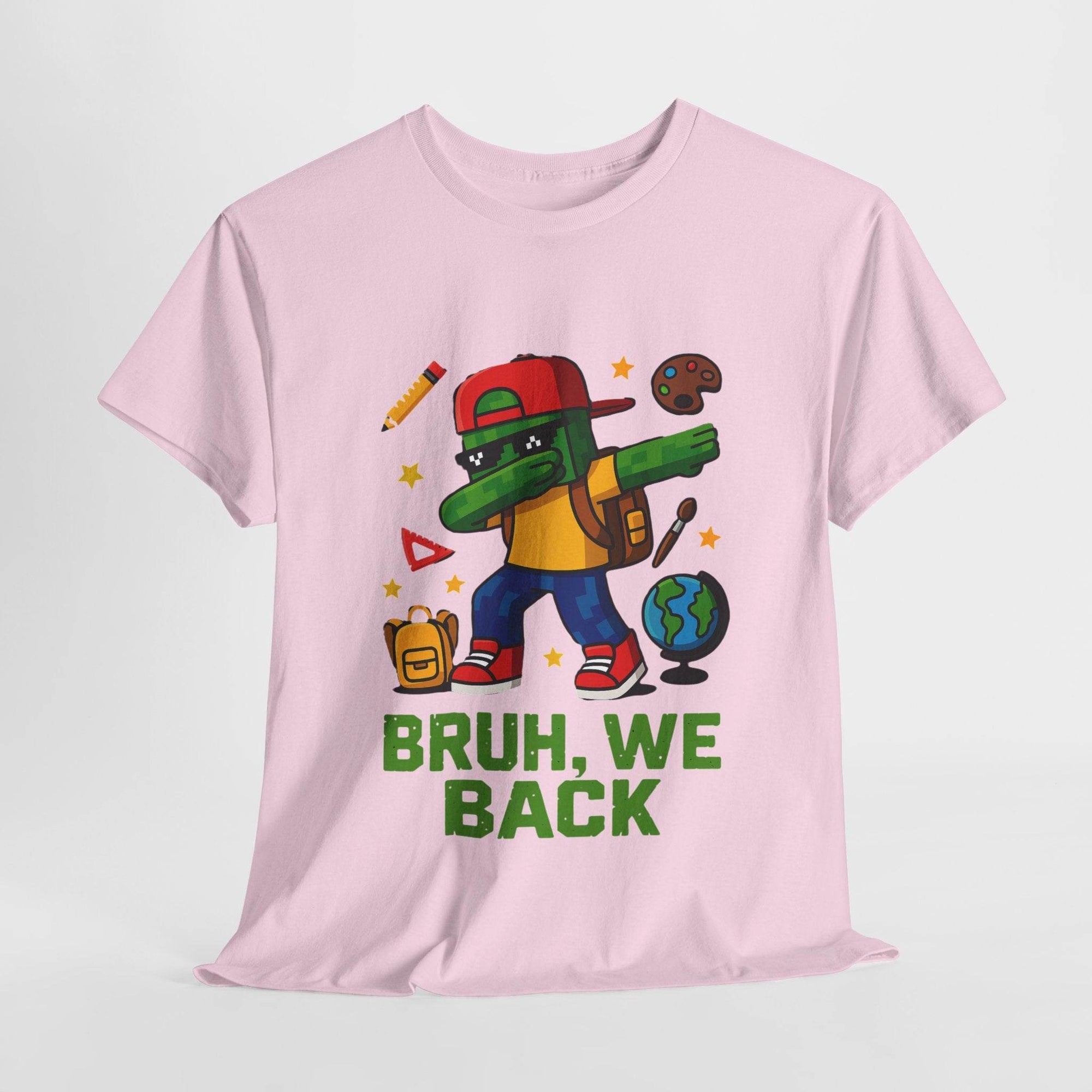 Pink Tee showing a green gamer kid doing the dab with a backpack, school icons, globe, and BRUH, WE BACK