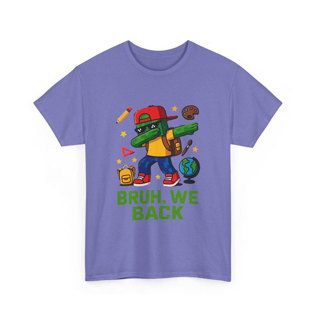 Gamer Kid BRUH, WE BACK back-to-school tee with a green-dab gamer, backpack and school icons on a purple shirt.