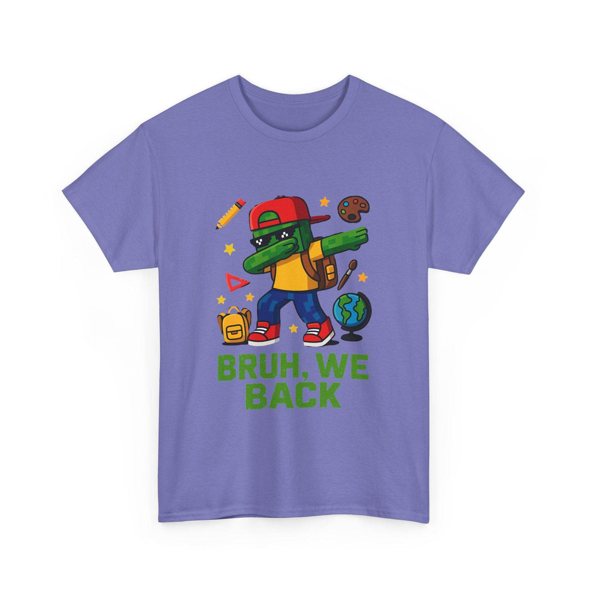 Gamer Kid BRUH, WE BACK back-to-school tee with a green-dab gamer, backpack and school icons on a purple shirt.