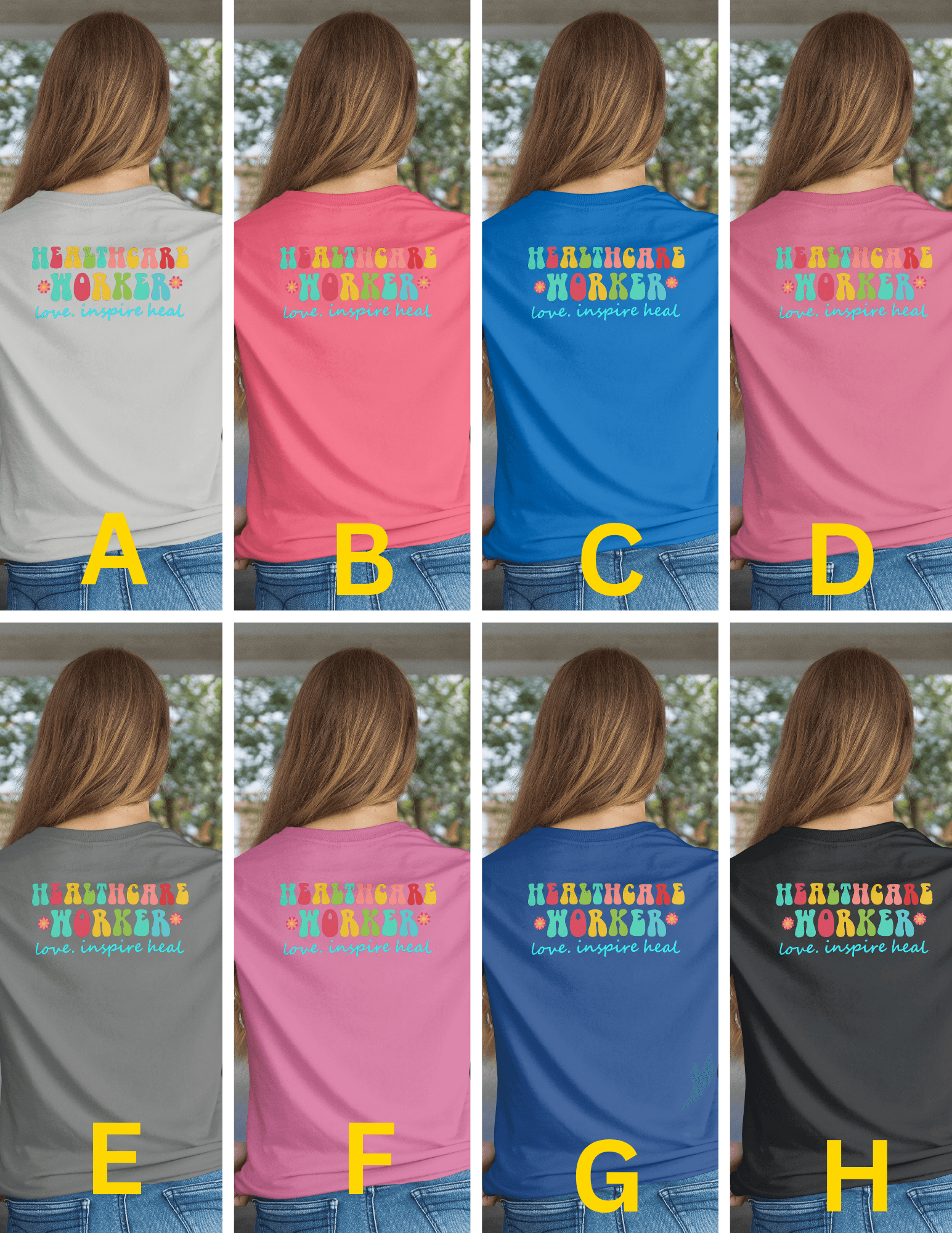 Back views of eight color options for Healthcare Workers T Shirt Casual Graphic Tee for Medical Professionals.