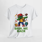 Green gamer kid in a red cap dabbing on a white T-shirt with backpack, globe, pencil, and palette, BRUH, WE BACK.