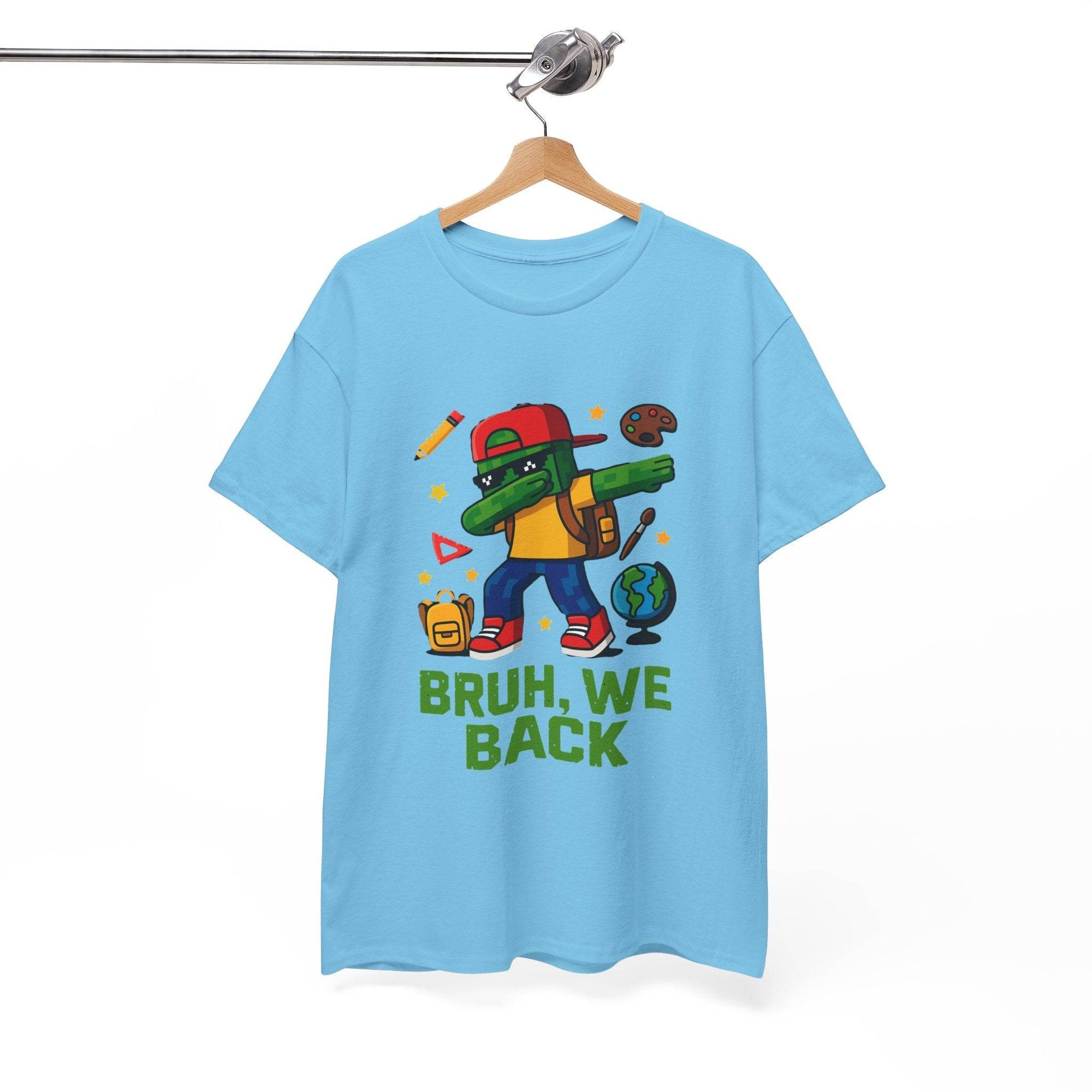 Gamer Kid BRUH WE BACK back-to-school T-shirt featuring green-dab character with backpack, globe, pencil, and palette.
