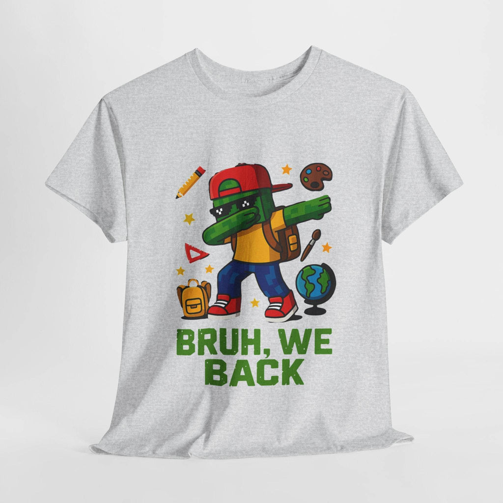 Green gamer kid dabbing on a back-to-school tee with backpack, globe, school icons and BRUH, WE BACK.