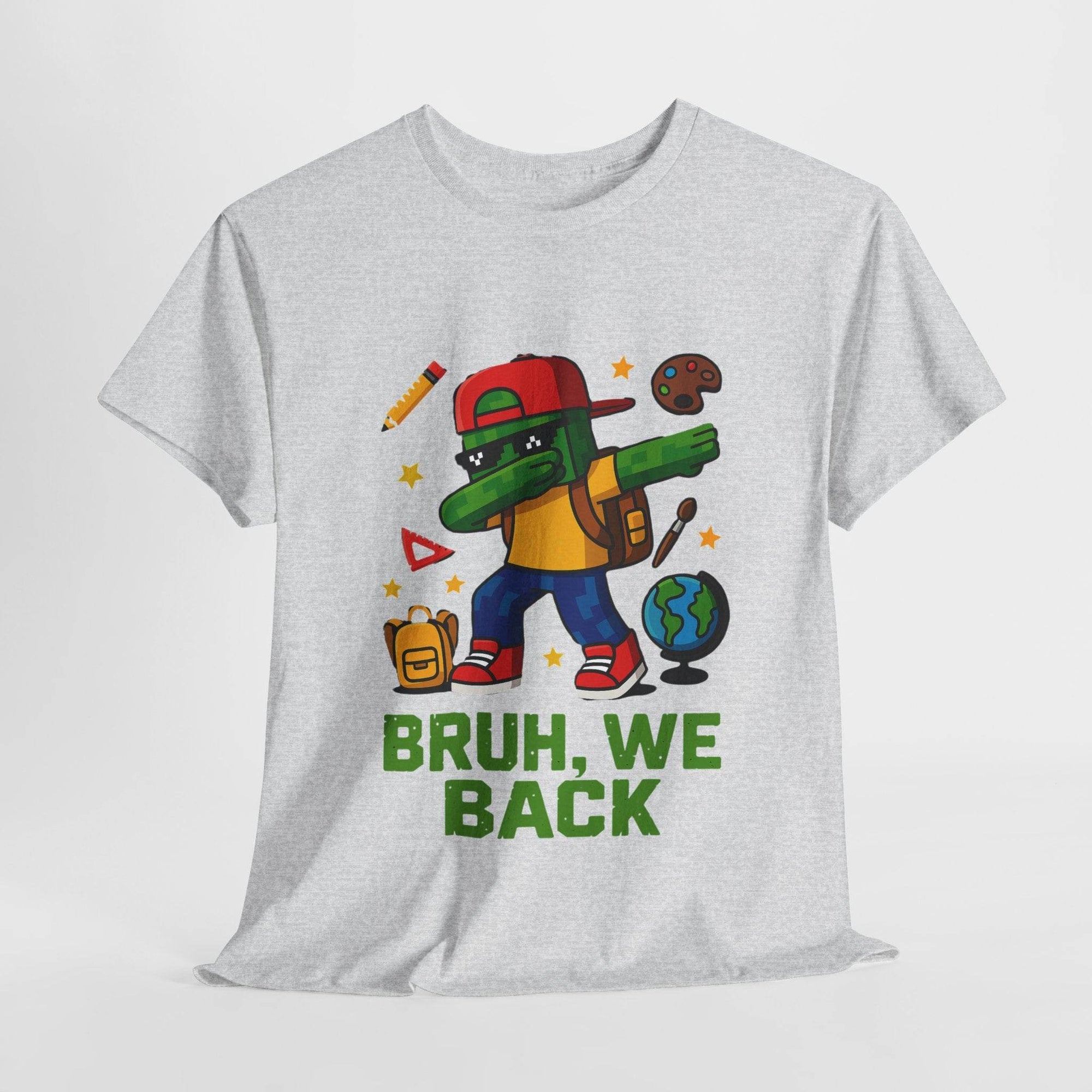 Green gamer kid dabbing on a back-to-school tee with backpack, globe, school icons and BRUH, WE BACK.