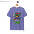 Purple T-shirt featuring a green gamer kid doing the dab with a backpack and school icons, BRUH, WE BACK.