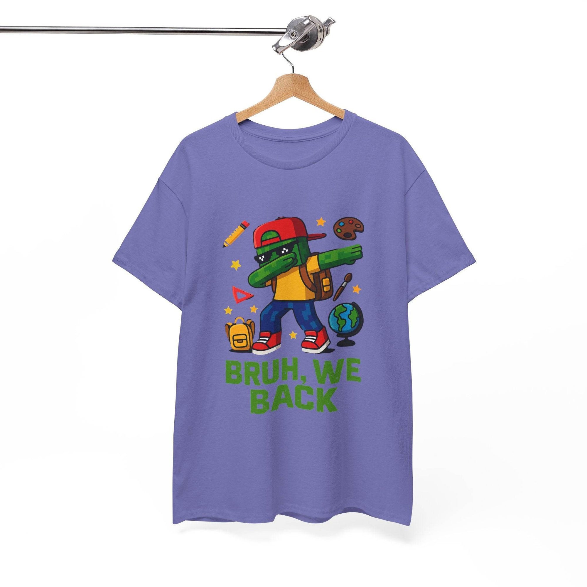 Purple T-shirt featuring a green gamer kid doing the dab with a backpack and school icons, BRUH, WE BACK.