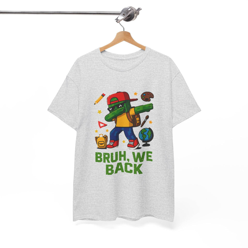Green gamer kid dab character on a back-to-school T-shirt with backpack, school icons, and BRUH, WE BACK text.