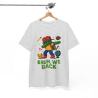 Green gamer kid dab character on a back-to-school T-shirt with backpack, school icons, and BRUH, WE BACK text.