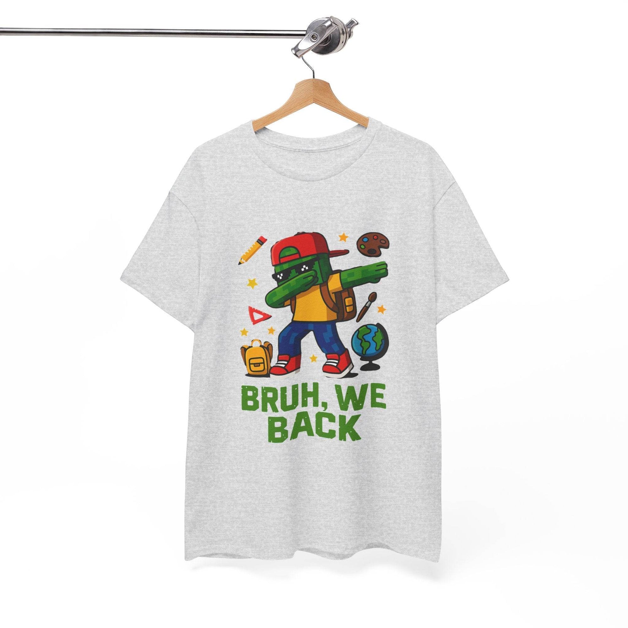 Green gamer kid dab character on a back-to-school T-shirt with backpack, school icons, and BRUH, WE BACK text.