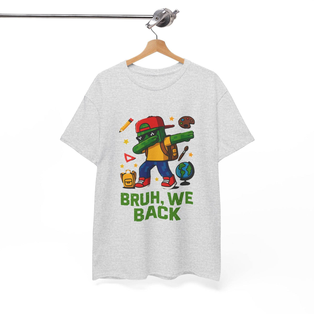 Green gamer kid dab character on a back-to-school T-shirt with backpack, school icons, and BRUH, WE BACK text.