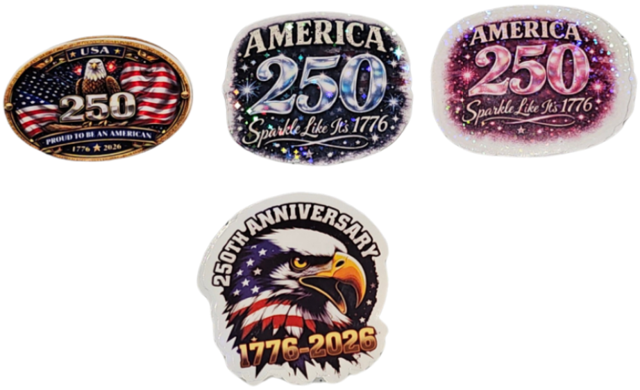 Four patriotic-themed stickers celebrating America's 250th anniversary with an eagle and American flag design.